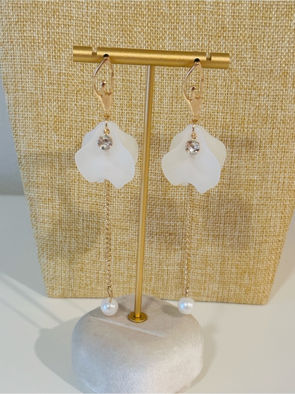 Fashion Jewelry Gold-Tone Drop Earrings with White Petal and Pearl Details